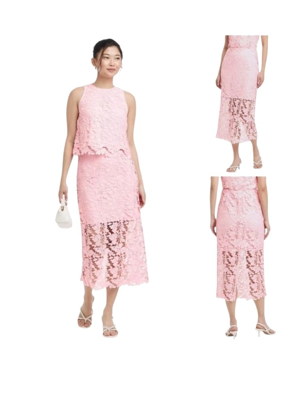 a new day Pink Floral Lace Overlay Midi Skirt